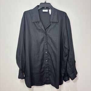 Elizabeth Liz Claiborn 100% Linen Shirt Women 1X Tunic Button Up Black Lagenlook